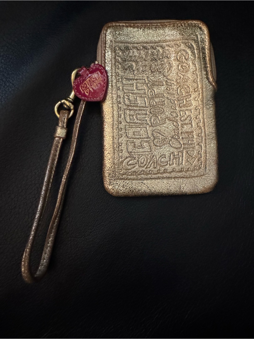 VTG- Y2K Coach Poppy Metallic Gold Wristlet with Pink Heart Charm
